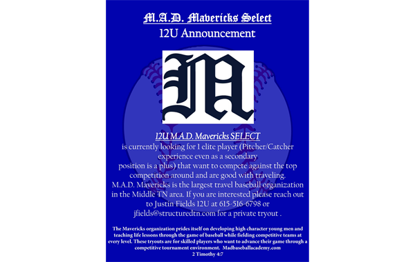 12U M.A.D. Mavericks SELECT Team Announcement